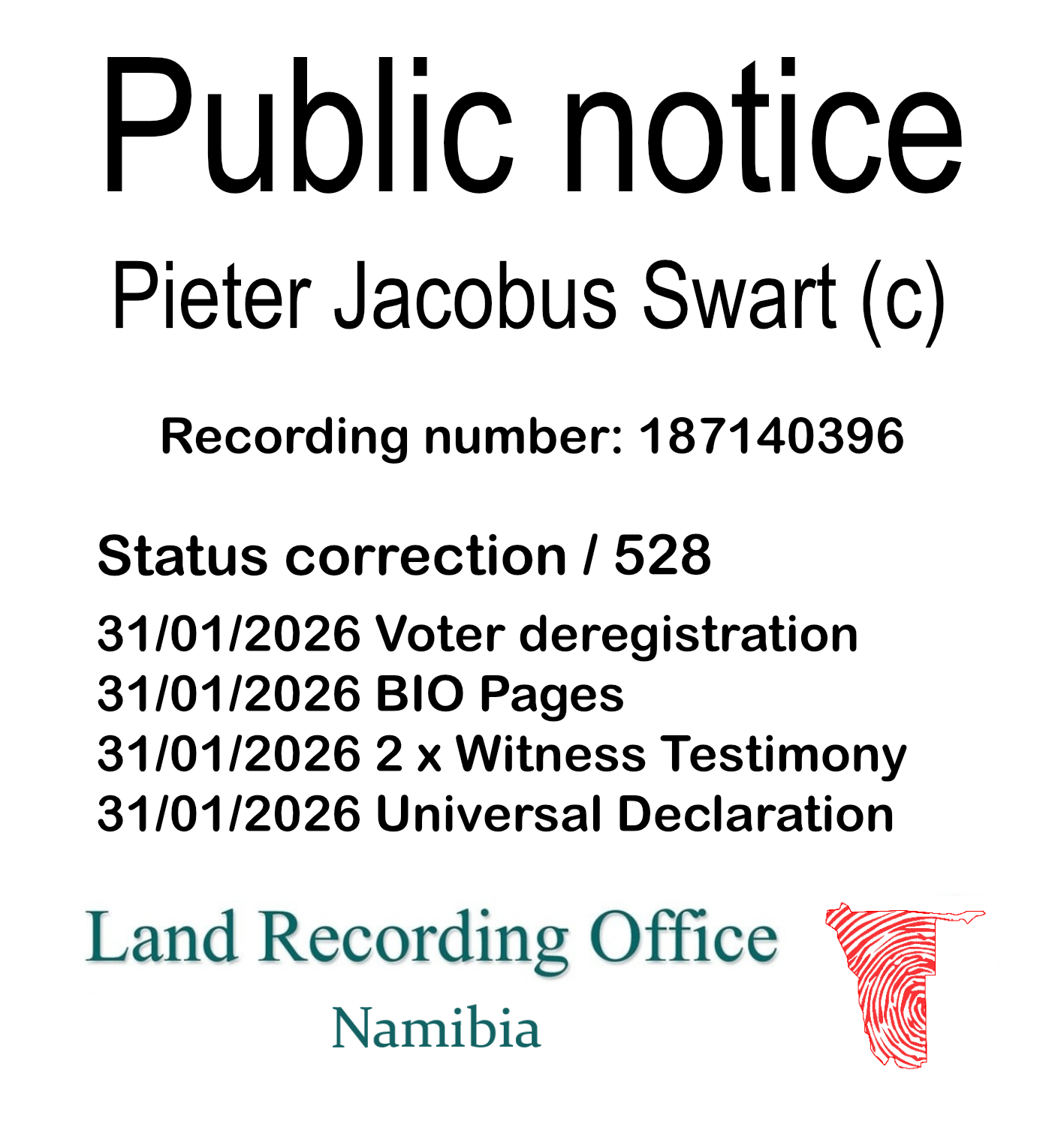 Public notice Pieter Jacobus Swart Recording number 187140396